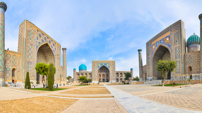 The serene Registan public square in Samarkand, Uzbekistan 